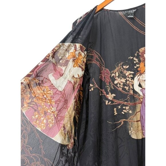 Citron Santa Monica Silk Blend Layered Kimono Topper Long Asian Artsy Art Size L - Picture 5 of 16